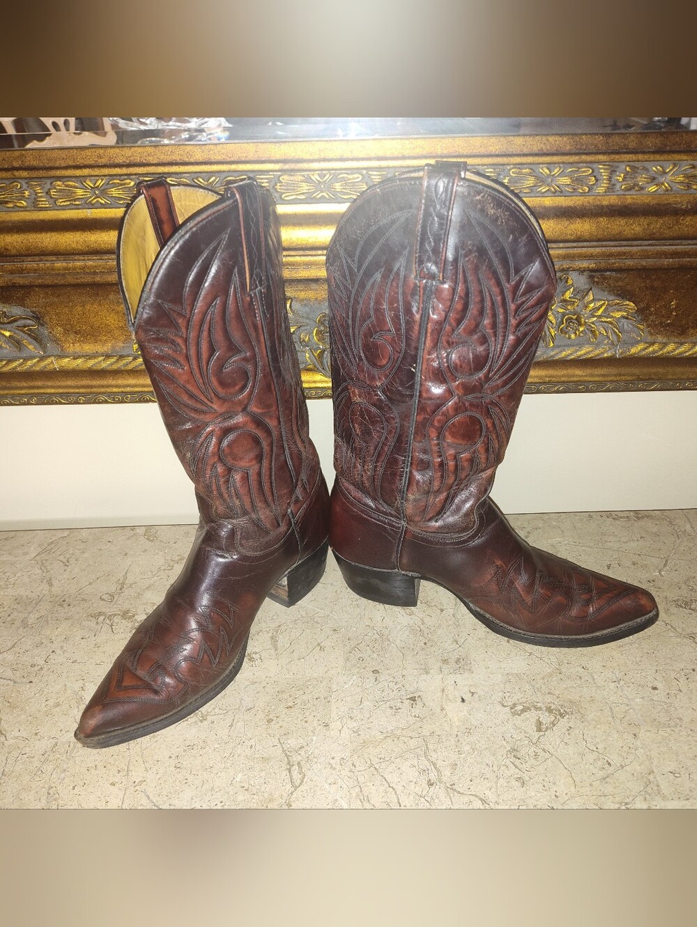 Vintage J Chisholm Cherry Brown Embroidered Leather Cowboy Boots